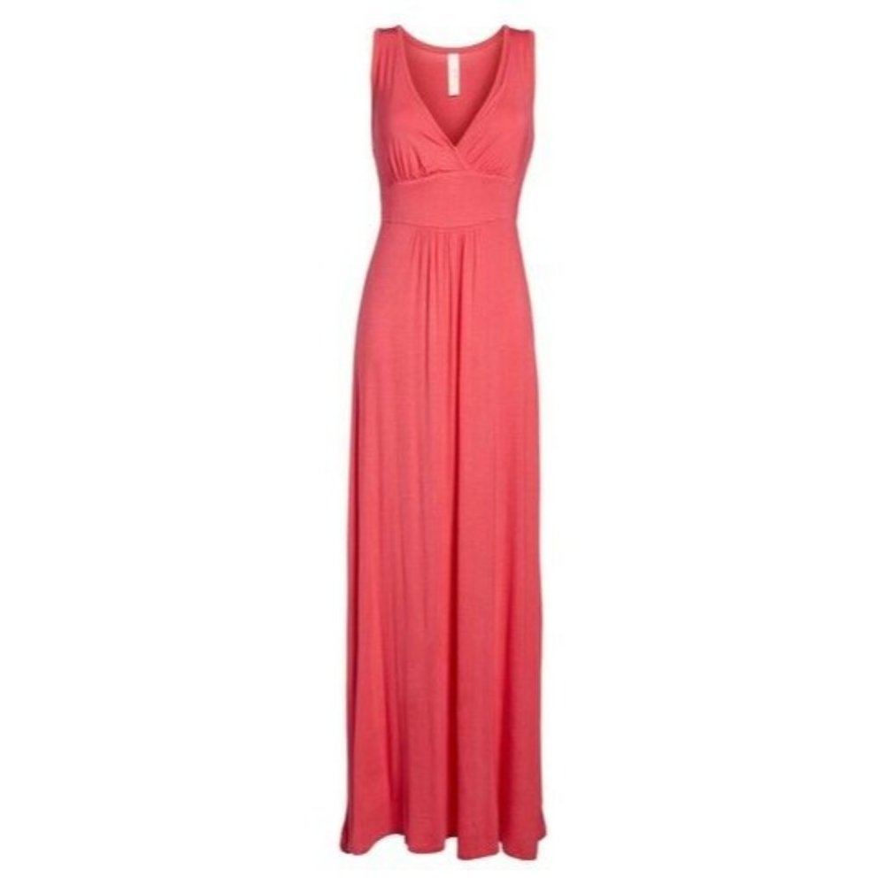 Loveappella V-Neck Jersey Long Maxi Dress Empire Waist V-neck Pink Womens Small - Picture 1 of 7